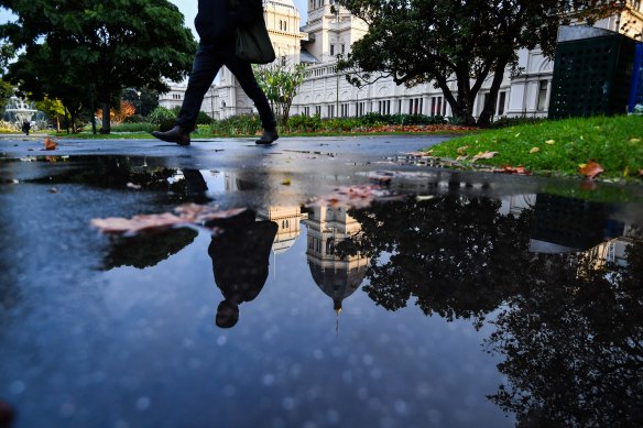 After the deluge: The grounds of the Royal Exhibition Building on Tuesday.