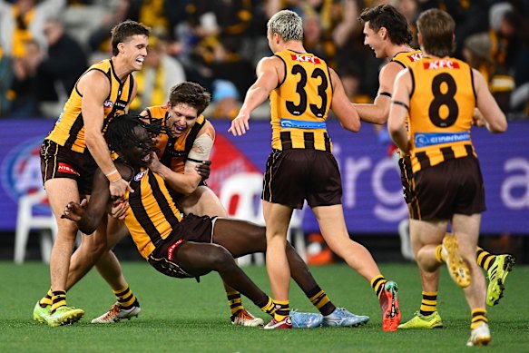 Mabior Chol of the Hawks celebrates a goal.