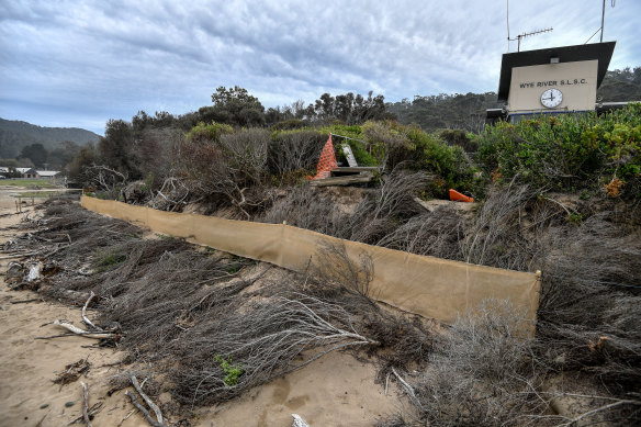Temporary measures to stop erosion at the Wye River surf life-saving club. 