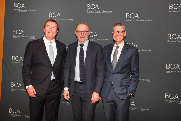 BCA chief executive Bran Black, Prime Minister Anthony Albanese and BCA president Geoff Culbert at the annual BCA dinner.