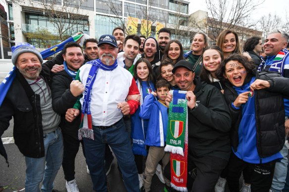 Rosa Mobilio (top right) and her extended family were among the hundreds of Italian soccer fans who turned out at Lygon Street.
