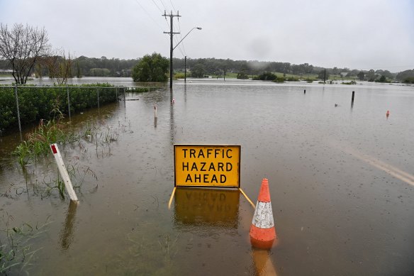 A flooded road in Pitt Town.