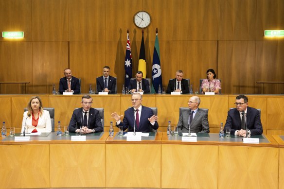 Prime Minister Anthony Albanese leads a press conference following a national cabinet meeting on Friday. 