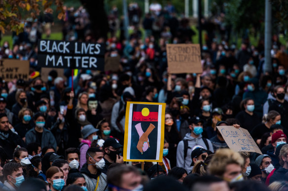 Protesters at the Black Lives Matter rally in Sydney on Saturday.