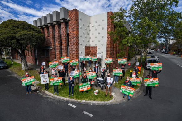 Elsternwick residents protest at the former ABC site where Woolworths will build a mixed-use development.