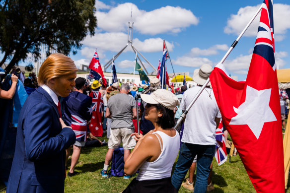Anti-mandate protests outside Parliament House, Canberra on the first parliamentary sitting day of the year. 