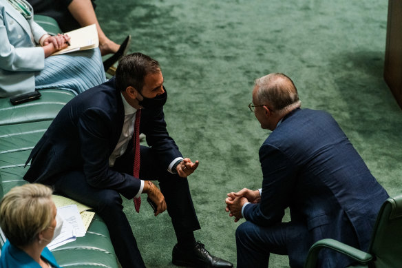 Labor’s shadow treasurer Jim Chalmers with leader Anthony Albanese in Parliament.