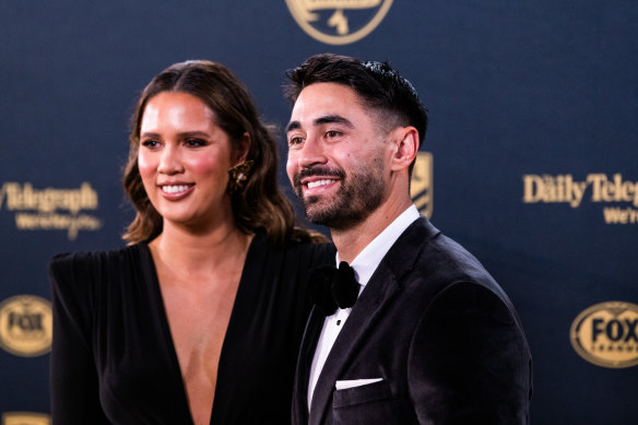 Dally M favourite Shaun Johnson, seen here arriving at the awards with his wife Kayla, missed out to Ponga.