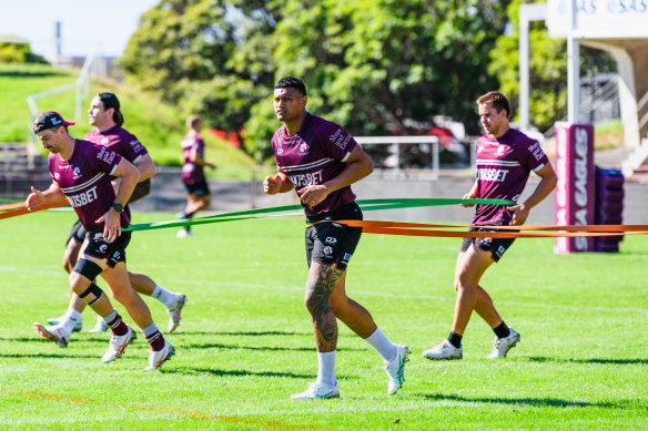 The giant backrower is put through his paces on a warm morning at Brookvale.