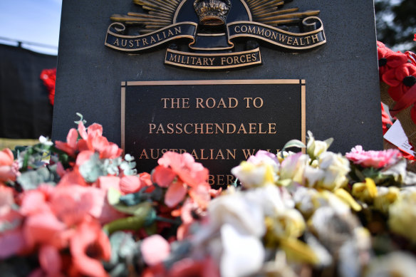 Flowers at a memorial for Australian soldiers in Belgium.