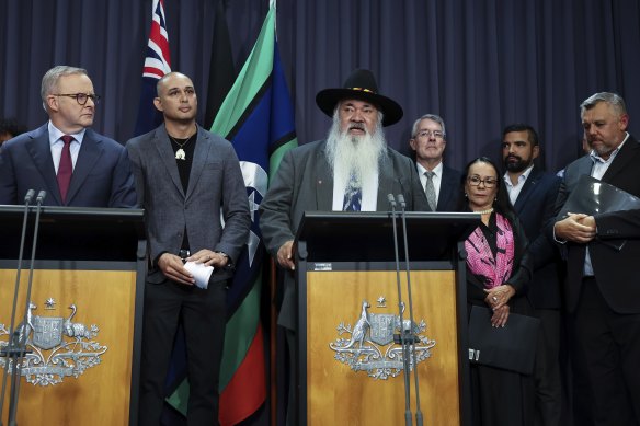 Senator Patrick Dodson during a press conference at Parliament House in Canberra in March.