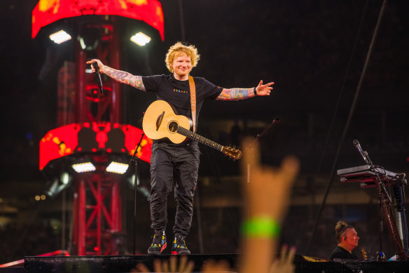 The man of the moment, Ed Sheeran, at Accor Stadium on Friday night.