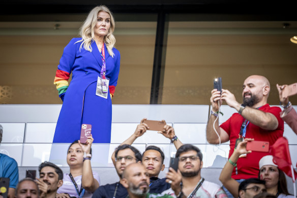 Former Danish prime minister Helle Thorning-Schmidt wears a rainbow-coloured armband before a World Cup match between Denmark and Tunisia, at the Education City Stadium, in Doha last year.