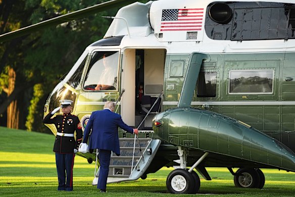US President Donald Trump boards Marine One on the south lawn of the White House.