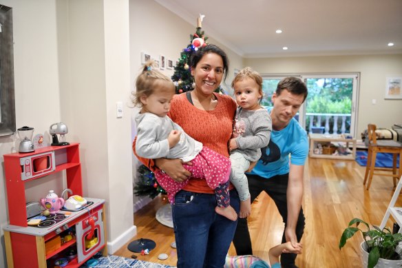 Natalie Costa Bir and Matthias Schrek with their twins Lucy and Selina.