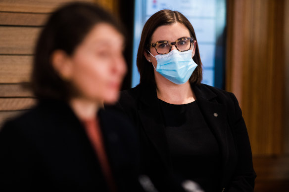 NSW Education Minister Sarah Mitchell (right) with Premier Gladys Berejiklian as details were released about the first students being allowed to return to school at the end of October.