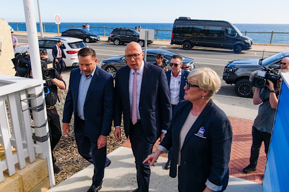 Peter Dutton today with the Liberal candidate for Pearce Jan Norberger and Liberal senator Linda Reynolds.