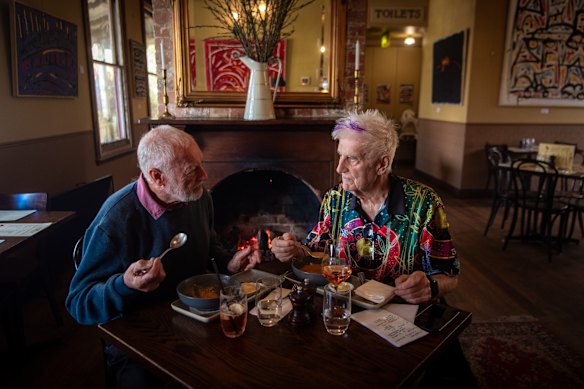 Glenn Mack having lunch with his friend Bob Waterhouse in Trentham. 