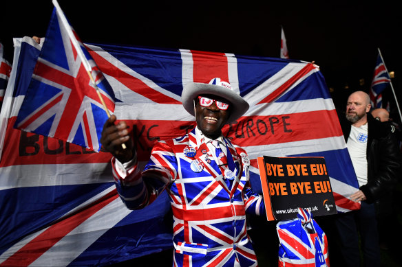 Brexit supporters gather outside British Parliament to mark January 31, Brexit Day.