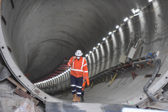 One of the rail tunnels dug by giant boring machines to the site of the Olympic Park station for Metro West.
