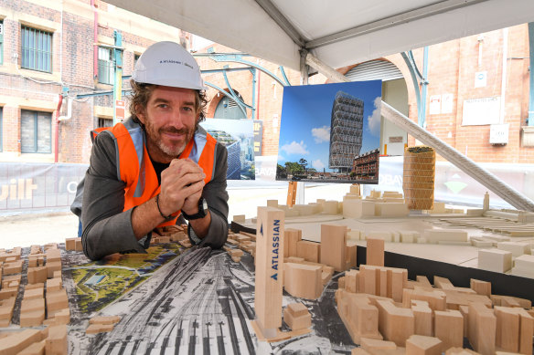 Atlassian co-chief executive Scott Farquhar with a model of his company’s new headquarters.