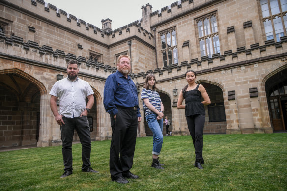 Adam with Madeleine Salisbury, Professor Keith McVilly and Shuyun (Betty) Zhang on campus at Melbourne University.