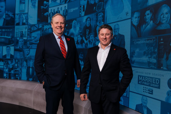 Former Nine chairman Peter Costello and outgoing chief executive Mike Sneesby.