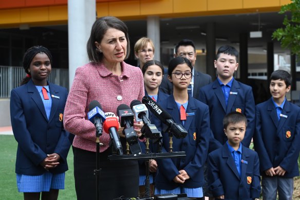 NSW Premier Gladys Berejiklian alongside school captains at  the recently opened Peakhurst Public School on Monday.