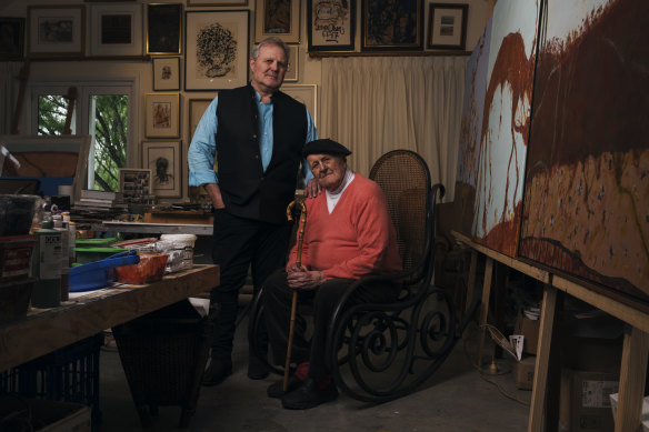 Sydney gallerist Tim Olsen and his late father, artist John Olsen, at John’s home and studio in the NSW Southern Highlands in 2020.