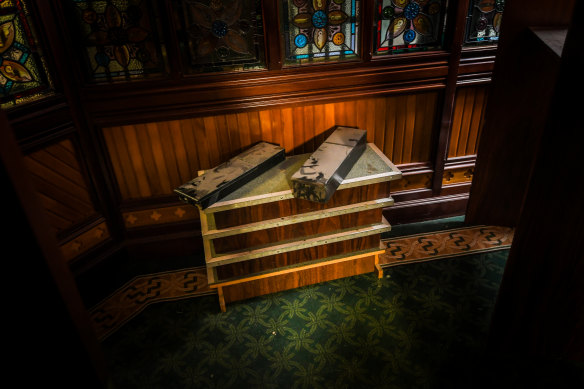 Dust covers the empty metal boxes which once stored valuables inside the Melbourne Safe Deposit. 