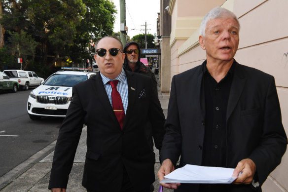 Right wing extremist Nathan Sykes, left, outside Newtown Local Court with Australia First Party chairman Jim Saleam, right.