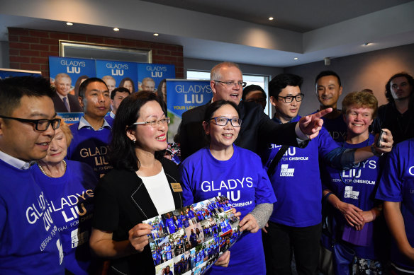 Prime Minister Scott Morrison with Gladys Liu at her campaign launch in April. 