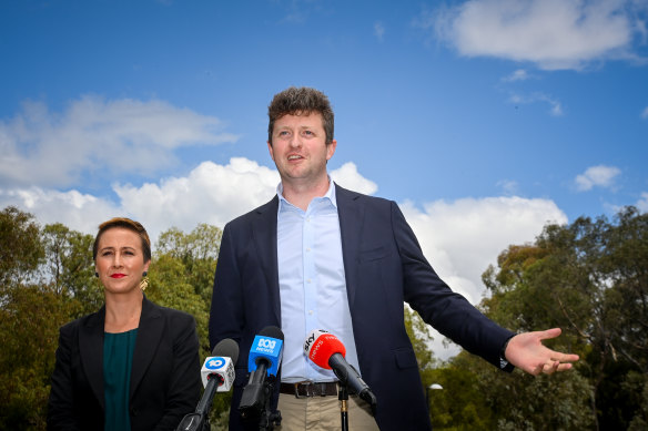Werribee MP John Lister and government minister Gabrielle Williams speaking at the low-key end to a high stakes byelection. 
