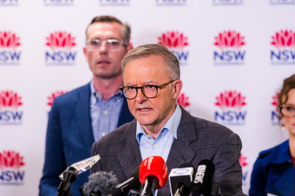 Prime minister Anthony Albanese with NSW Premier Dominic Perrottet addressing the flood crisis this morning.