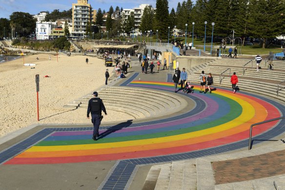 Police patrolling Coogee beach on Saturday morning.