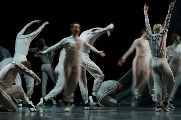Dancers from The Australian Ballet perform the dress rehearsal for Watermark, part of the New York Dialects, a triple bill at the Sydney Opera House.