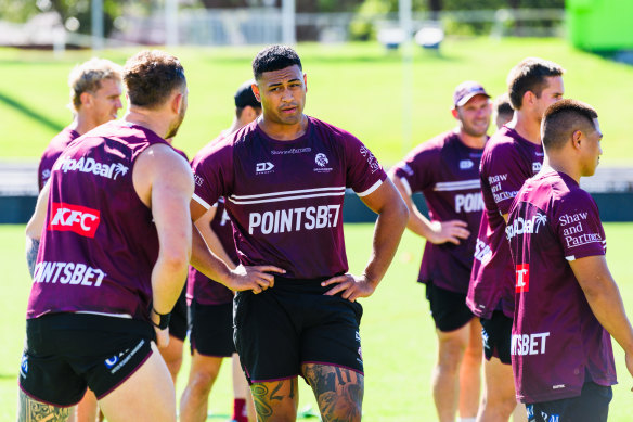 Haumole Olakau’atu at Manly training on Tuesday.