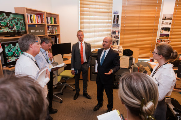 Treasurer Josh Frydenberg visits the offices of The Sydney Morning Herald during the 2022 budget lock-up.