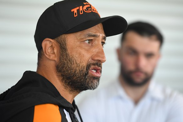 Tigers coach Benji Marshall speaks after the official announcement that Tigers captain Jarome Luai will join the PNG Chiefs from 2028.