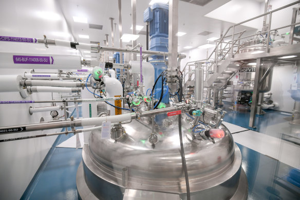 A centrifuge at CSL’s new plasma fractionation facility at Broadmeadows, which will increase the company’s plasma processing capacity in Australia to 9 million litres a year, from 1.2 million.  