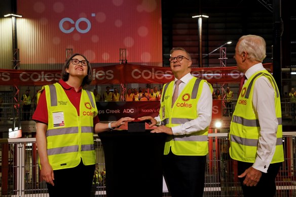 Anthony Albanese with Coles chairman James Graham and Coles CEO Leah Weckert in August. The prime minister’s views on supermarkets has changed sharply since then.