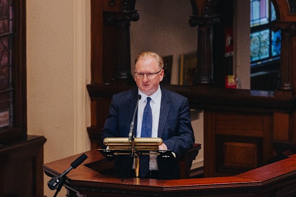 Sky News Australia chief executive Paul Whittaker takes the stand... ahem.. altar at St James Church