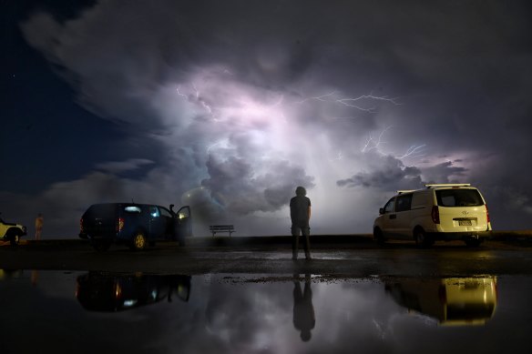 Lightning and mammatus clouds associated with more severe storms at Palm Beach on Thursday.