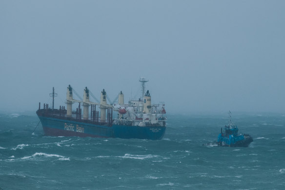 A tugboat reaches the Portland Bay ship, which lost power this morning off Wattamolla Beach in NSW.