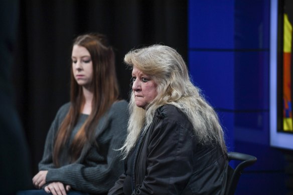 Brendon Farrell’s sister Simone Hellyer and mother Valery Hellyer at the police press conference last week. 