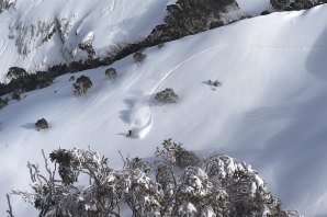 Skiier Drew Jolowicz carves up the powder snow at Mount Hotham on Sunday.