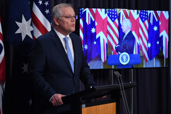 Prime Minister Scott Morrison at yesterday’s joint press conference with US President Joe Biden and British Prime Minister Boris Johnson.