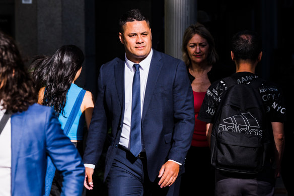 Jarryd Hayne outside the NSW District Court in Sydney with barrister Margaret Cunneen, SC.