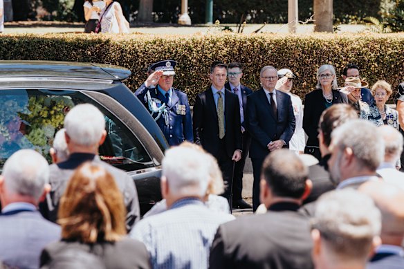 Premier Chris Minns, Prime Minister Anthony Albanese and Governor-General Sam Mostyn attend the funeral of Peter Meagher. 