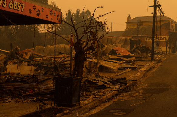 The Cobargo main street a day after fire ripped through in December.